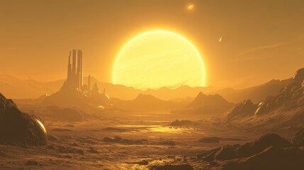 Poster - Stunning view from the outer edges of the solar system, showing planets in perfect alignment with the sun casting golden light across the scene