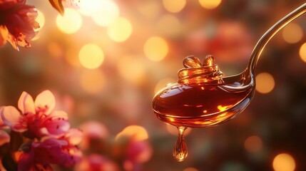 Poster - Syrup flowing from a tilted medicine bottle into a curved spoon, with a warm, comforting backdrop, emphasizing health and medicinal care