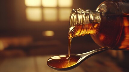 Poster - Syrup flowing from a tilted medicine bottle into a curved spoon, with a warm, comforting backdrop, emphasizing health and medicinal care