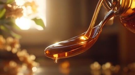 Poster - Syrup flowing from a tilted medicine bottle into a curved spoon, with a warm, comforting backdrop, emphasizing health and medicinal care