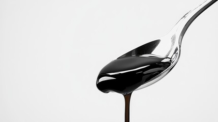 Poster - Syrup gently poured into a shiny silver spoon from a bottle, set against a minimalist white background, showcasing the fluid motion and the glossy surface of the syrup
