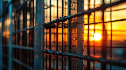 Poster - The warm colors of sunset reflecting on steel bars, creating complex patterns and textures in the foreground of an industrial setting
