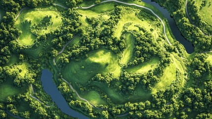 Aufkleber - Top-down view of a green landscape designed to form the shape of continents on a world map, symbolizing environmental awareness and global sustainability