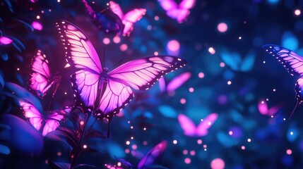 Poster - Vibrant butterflies fluttering amidst sparkling purple light on a dark background, creating an enchanting and mystical atmosphere