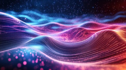 vibrant energy fields and glowing waves in an abstract physics scene, illustrating gravity wells and