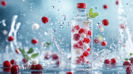Poster - Vibrant red and white berries levitate above cascading water splashes, creating a refreshing and high-energy vibe in this energetic food or drink shot