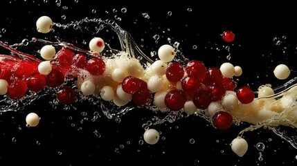 Poster - Vibrant red and white berries levitate above cascading water splashes, creating a refreshing and high-energy vibe in this energetic food or drink shot