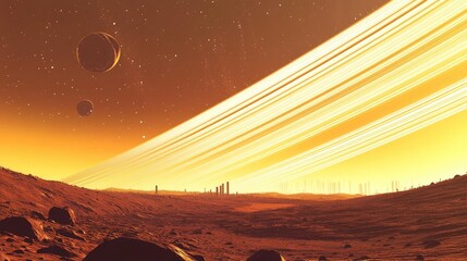 Poster - View from the distant reaches of the solar system, showing planets in alignment as the sun casts its golden rays across the vastness of space
