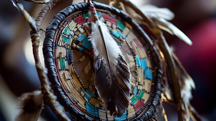 Poster - Close Up of Artistic Dreamcatcher with Detailed Feather Decor and Beadwork : Generative AI