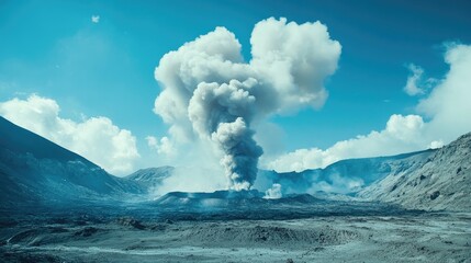 Poster - White smoke rising from the crater of an active volcano, set against a bright blue sky, capturing the raw power of nature in a dramatic landscape