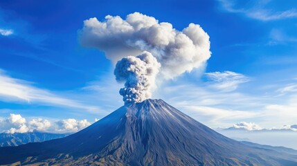 Poster - White smoke rising from the crater of an active volcano, set against a bright blue sky, capturing the raw power of nature in a dramatic landscape
