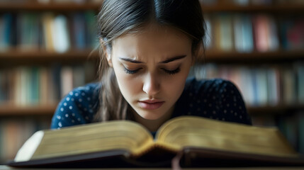 Poster - Focused student girl reading book in library filled with knowledge resources : Generative AI