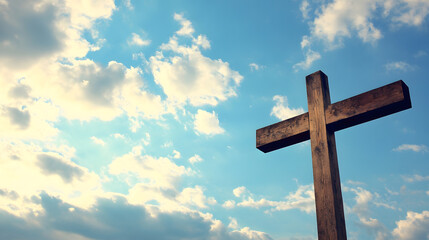 Poster - Wooden Cross Against Blue Sky with Puffy Clouds on a Sunny Day : Generative AI