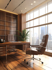 Poster - Luxurious Office with Wooden Elements and Panoramic City Window View : Generative AI
