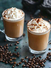 Aufkleber - Two Glass Mugs of Creamy Cappuccino with Whipped Cream and Coffee Beans : Generative AI