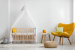 © RP ai - Nursery Haven: A minimalist and airy nursery space, featuring a wooden crib adorned with a white canopy, a cozy yellow armchair, and a fluffy white rug.