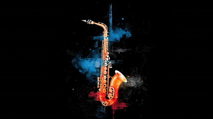 Poster - Saxophone illustration with vibrant colors and artistic splashes, perfect for music lovers