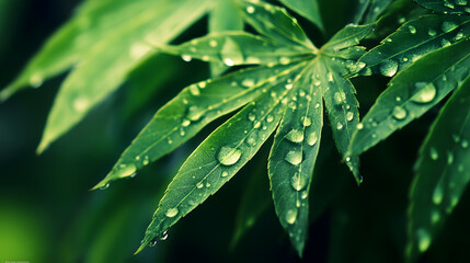 Poster - Close Up of Dew Covered Green Leaves With Lush and Fresh Foliage : Generative AI