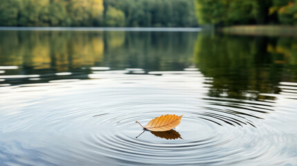 Wall Mural - serene scene of single leaf creating ripples in calm lake