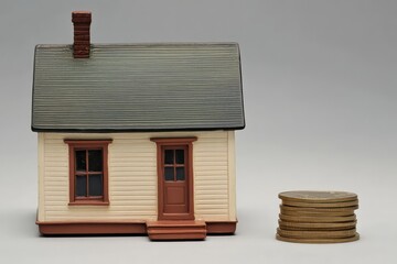 Wall Mural - a small model house placed next to a stack of coins, representing the financial commitment of homeow