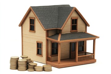 Wall Mural - a small model house placed next to a stack of coins, representing the financial commitment of homeow
