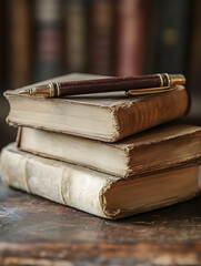 Aufkleber - Vintage Books with Pen on Table in Antique Library Setting : Generative AI