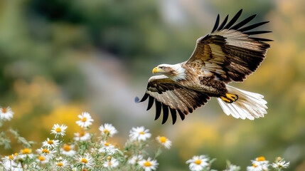 Wall Mural - powerful eagle soaring gracefully over field of wildflowers