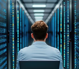 Poster - IT Professional Working in a Modern Data Center with Server Racks