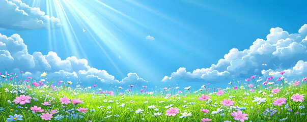 Sticker - Sunny meadow, flowers, blue sky, clouds, spring