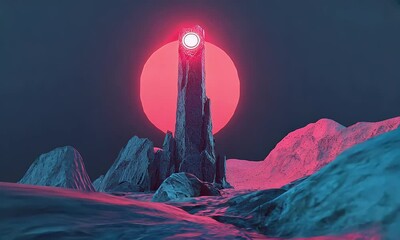 Poster - Alien landscape tower sunset digital art