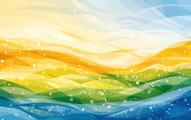 Poster - Abstract wavy landscape with yellow, green, and blue colors.