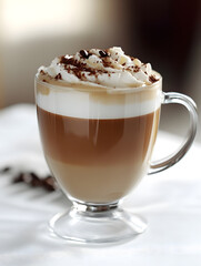 Aufkleber - Creamy Cappuccino with Whipped Cream in Glass Mug on Elegant White Surface : Generative AI