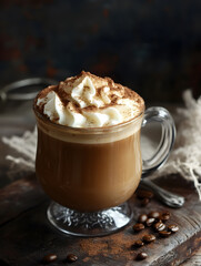 Aufkleber - Gourmet cappuccino with whipped cream served in glass cup on textured background : Generative AI