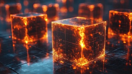 Poster - Glowing grid morphs into captivating 3D shapes, illuminating the environment with faint holographic light displays