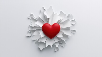 Poster - Minimalist Design Featuring Red Heart Surrounded by Torn Paper Leaves on a Light Background