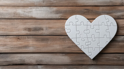 Wall Mural - heart shaped puzzle piece on wooden background evokes creativity and love