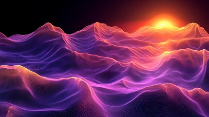 Poster - Vibrant energy waves pulsating from a central point in a surreal landscape at sunset