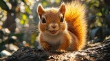 Happy squirrel on tree branch, forest background, wildlife, nature illustration