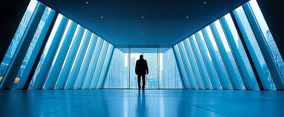 Aufkleber - Silhouetted businessman standing in a modern glass hallway, looking out at the city.