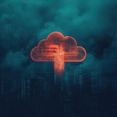 Poster - Digital Cloud Icon Against Dark Background with Vibrant Light Effects