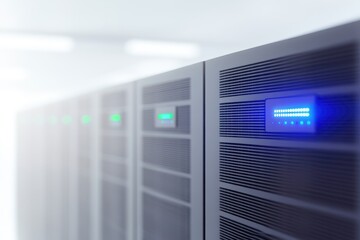 Poster - Modern Data Center with Server Racks and Blue LED Indicators
