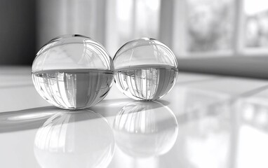 Poster - Two glass spheres reflecting light on a table.