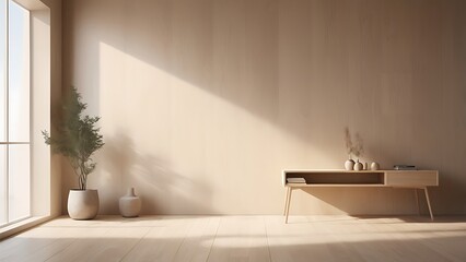 Aufkleber - minimalist interior design style, featuring a spacious room with a light wooden floor and walls