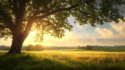 Poster - Serene Countryside Landscape with Lone Oak Tree at Sunset : Generative AI