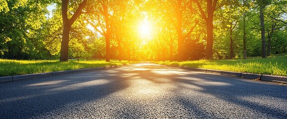 Canvas Print - Sunny road through a park with trees casting shadows.