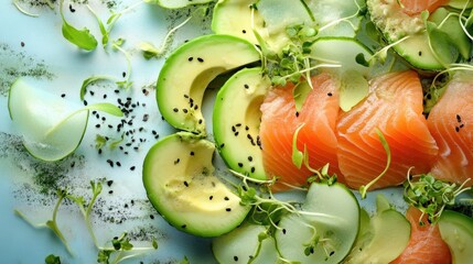 Wall Mural - salmon, avocado and microgreens on the surface, healthy food