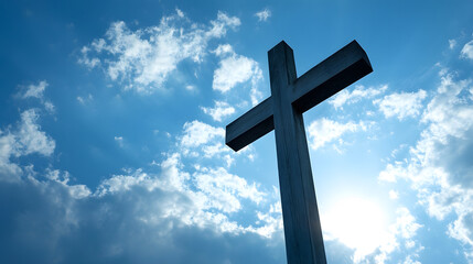 Poster - Majestic Wooden Cross Against Bright Blue Sky with Fluffy Clouds Symbolizing Faith and Spirituality : Generative AI