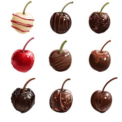 Aufkleber - An image showcasing nine realistically rendered chocolate covered cherries each with a unique chocolate and topping design.