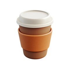 Poster - A 3D rendered image of a brown disposable coffee cup with a beige lid and orange textured sleeve.