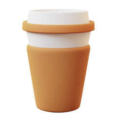 Poster - The image shows a digitally rendered 3D model of a stylized coffee cup with a brown and white color scheme.